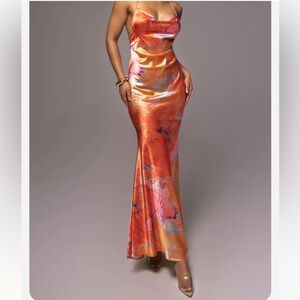 NWT: JLUXLABEL Orange Multi Tianna Satin Maxi Dress size small